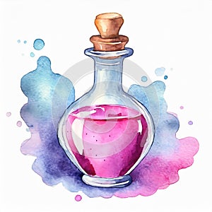 Watercolor glass potion bottle with pink liquid on white background. Hand drawn art