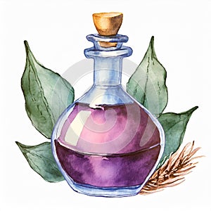 Watercolor glass potion bottle with purple liquid on white background. Hand drawn art
