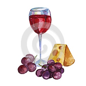 Watercolor glass of red wine with cheese, and blue grapes. Kitchen still life. Hand painted design isolated on white background