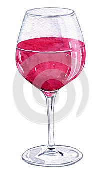 Watercolor glass of red wine isolated on white background.