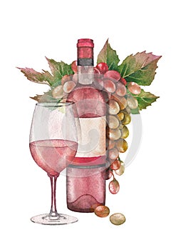 Watercolor glass of rose wine, bottle and bunch of white and red grapes