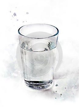 Watercolor glass of water. Realistic painting with kitchen item isolated on white background. Clear fresh water in