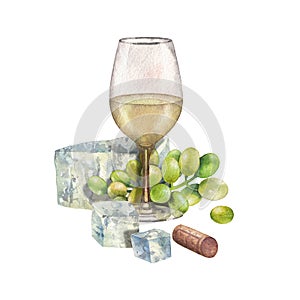 Watercolor glass of white wine decorated with cheese, grapes and cork