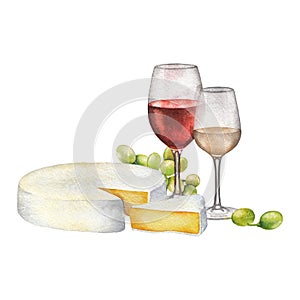 Watercolor glasses of red and white wines, cheese and white grapes