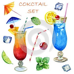 Watercolor glasses with sex cocktails on the beach and blue lagoon. Mint leaves, lime, lime slices, ice cubes for drinks,