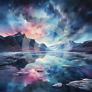 watercolor of a glassy placid lake in the arctic mountains, a glowing galactic nebulae night sky.