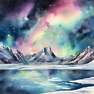 watercolor of a glassy placid lake in the arctic mountains, a glowing galactic nebulae night sky.