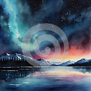 watercolor of a glassy placid lake in the arctic mountains, a glowing galactic nebulae night sky.