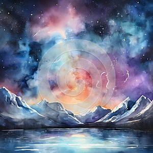 watercolor of a glassy placid lake in the arctic mountains, a glowing galactic nebulae night sky.