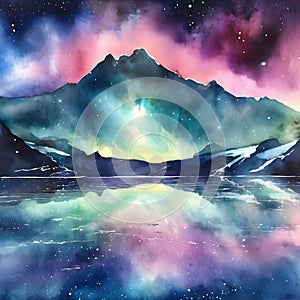 watercolor of a glassy placid lake in the arctic mountains, a glowing galactic nebulae night sky.