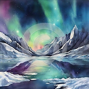 watercolor of a glassy placid lake in the arctic mountains, a glowing galactic nebulae night sky.