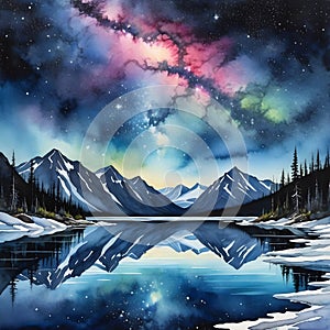 watercolor of a glassy placid lake in the arctic mountains, a glowing galactic nebulae night sky.