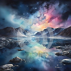 watercolor of a glassy placid lake in the arctic mountains, a glowing galactic nebulae night sky.