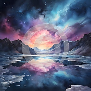 watercolor of a glassy placid lake in the arctic mountains, a glowing galactic nebulae night sky.