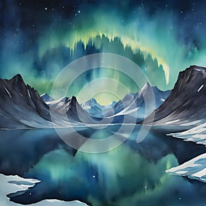 watercolor of a glassy placid lake in the arctic mountains, a glowing galactic nebulae night sky.