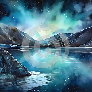 watercolor of a glassy placid lake in the arctic mountains, a glowing galactic nebulae night sky.