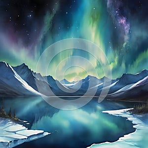 watercolor of a glassy placid lake in the arctic mountains, a glowing galactic nebulae night sky.