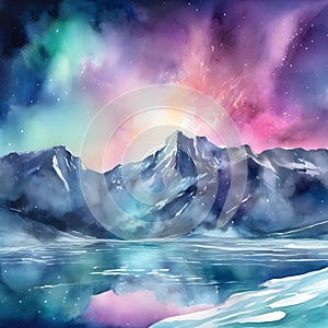 watercolor of a glassy placid lake in the arctic mountains, a glowing galactic nebulae night sky.