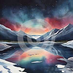 watercolor of a glassy placid lake in the arctic mountains, a glowing galactic nebulae night sky.