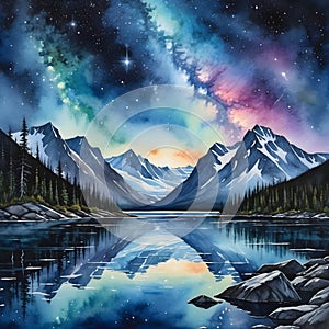 watercolor of a glassy placid lake in the arctic mountains, a glowing galactic nebulae night sky.