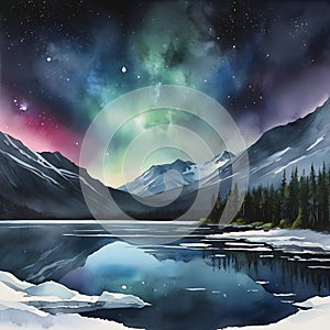 watercolor of a glassy placid lake in the arctic mountains, a glowing galactic nebulae night sky.