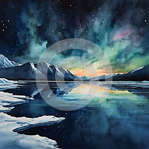 Akvarel z skleněný mírný v arktický hory řeřavý mléčný mlhoviny noc nebe 