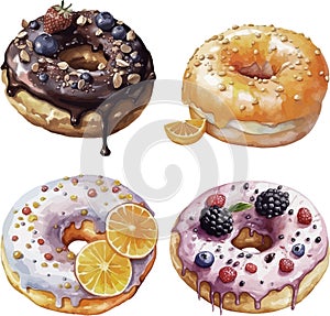 Watercolor glazed sweet set of donuts with berries, on white background.