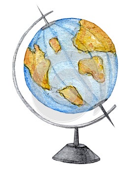 Watercolor Globe illustration. Hand painted water color graphic drawing of school globe