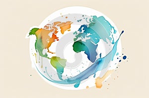 Watercolor globe painting with a splash, showcasing world map in artistic style