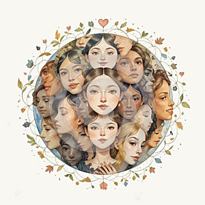 Watercolor Globe of Unity with Diverse Faces and Threads of Connection