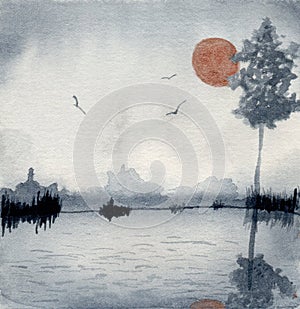 Watercolor gloomy and misty morning near the pond with a sun, birds and lonely tree