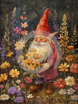 Watercolor gnome arranging vibrant flowers in a fairytale garden ai generate