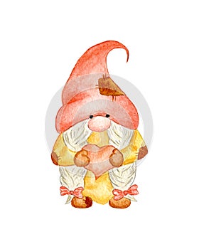 Watercolor Gnome Valentine illustration on a white background. Cute Dwarf with a heart. Elf for the design of cards