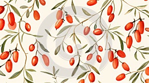 Watercolor Goji Berry Pattern: Minimalist Botanical Abundance