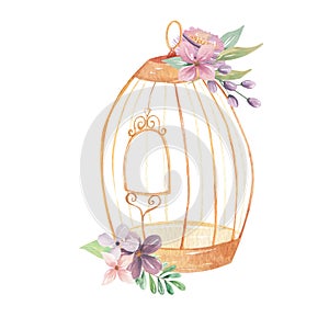 Watercolor Gold Birdcage Bouquet Flowers Purple Roses Floral Flowers Berries