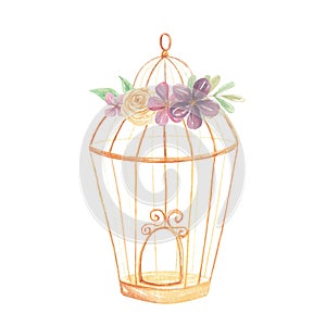 Watercolor Gold Birdcage Bouquet Hatch Purple Roses Floral Flowers Berries