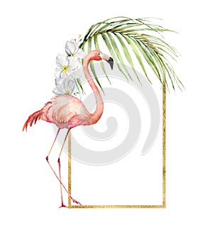 Watercolor gold border with pink flamingo, plumeria and palm branch. Hand painted tropical bird, flowers and jungle