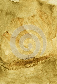 Watercolor gold color background painting, antique texture. Watercolour old yellow backdrop. Hand painted artistic overlay