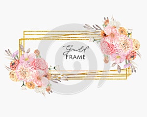 Watercolor gold frame decorated with boho flowers and leaves