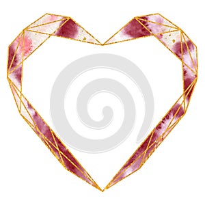 Watercolor gold frame in soft pastel pink and bordo colors. Polygonal heart shape. Place for your text