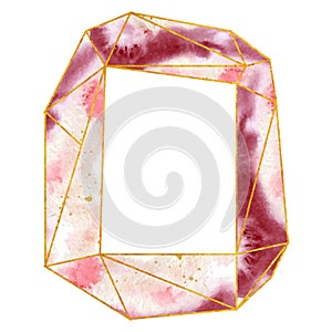 Watercolor gold frame in soft pastel pink and bordo colors. Polygonal shape. Place for your text