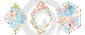 Watercolor gold frames set in soft pastel pink and blue colors. Polygonal heart shape.