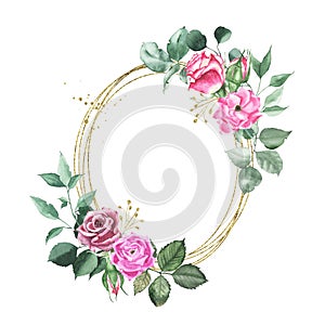 Watercolor gold geometrical round oval frame with pink maroon purple red roses