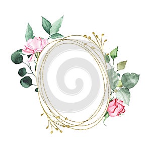 Watercolor gold geometrical round oval frame with pink red roses