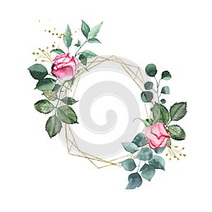 Watercolor gold geometrical round oval frame with pink red roses