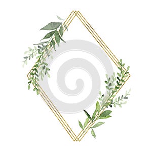 Watercolor gold geometrical wreath with greenery leaves branch twig plant herb flora isolated