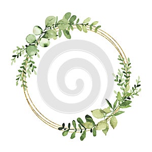 Watercolor gold geometrical wreath with greenery leaves branch twig plant herb flora isolated