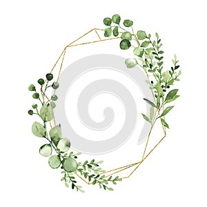 Watercolor gold geometrical wreath with greenery leaves branch twig plant herb flora isolated