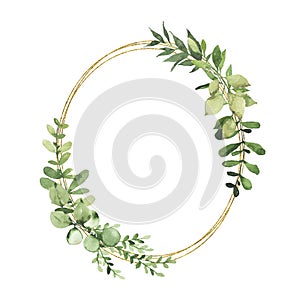 Watercolor gold geometrical wreath with greenery leaves branch twig plant herb flora isolated