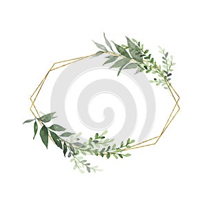 Watercolor gold geometrical wreath with greenery leaves branch twig plant herb flora isolated